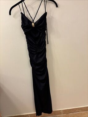 Zara Black Ruched Maxi Dress with Gold Accent